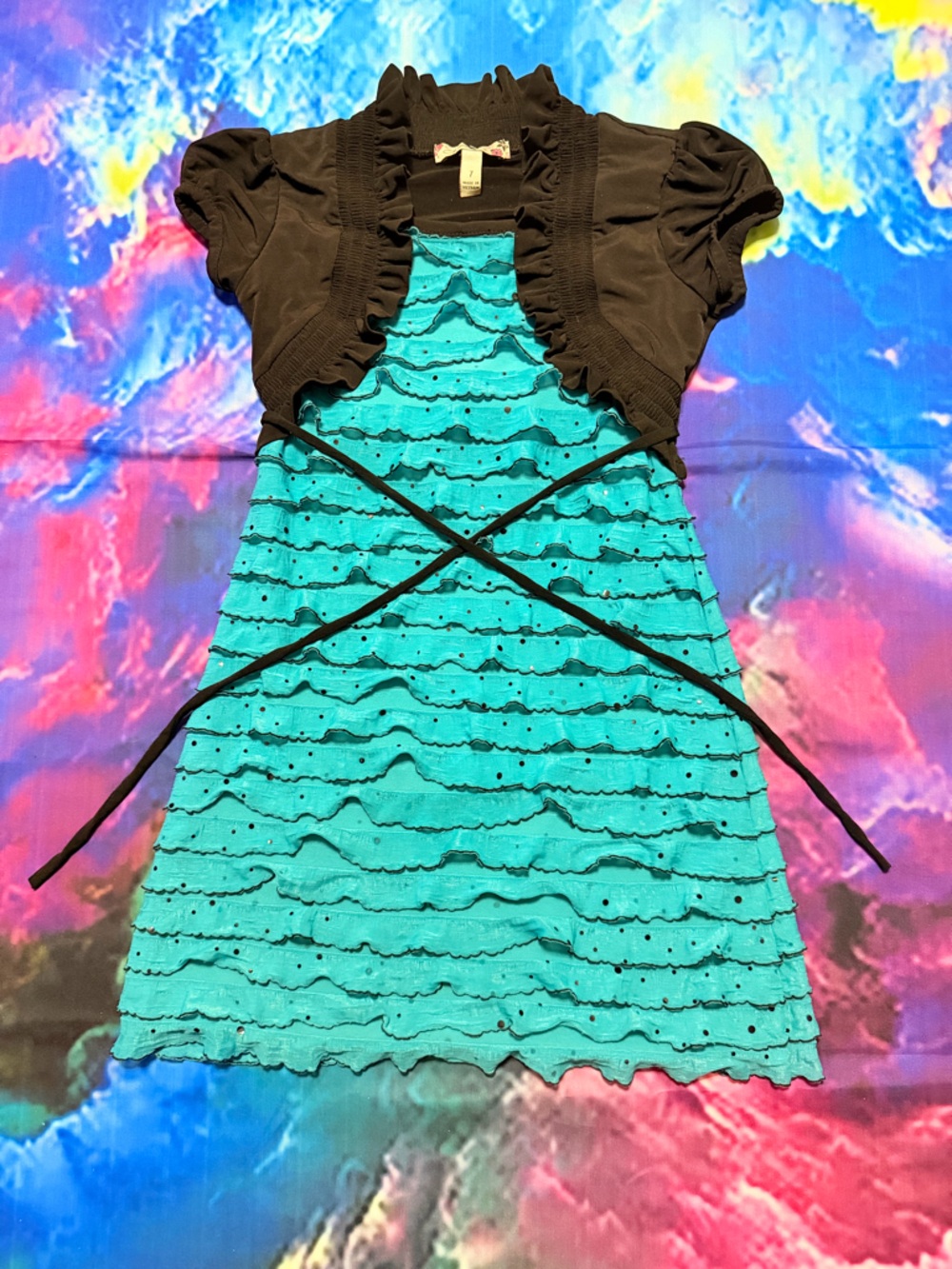 Speechless Black Dress with Teal Eyelet Panel and Ruffle Trim